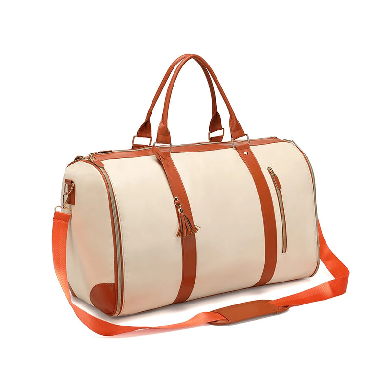 The Garment Duffle in Off White with brown trim, front view