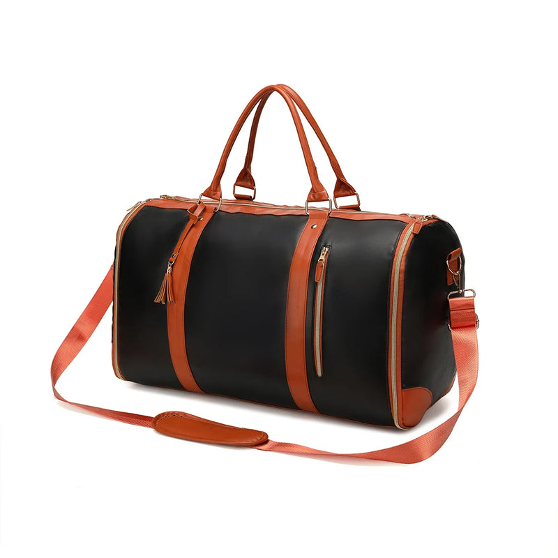 The Garment Duffle in Black with brown trim, front view