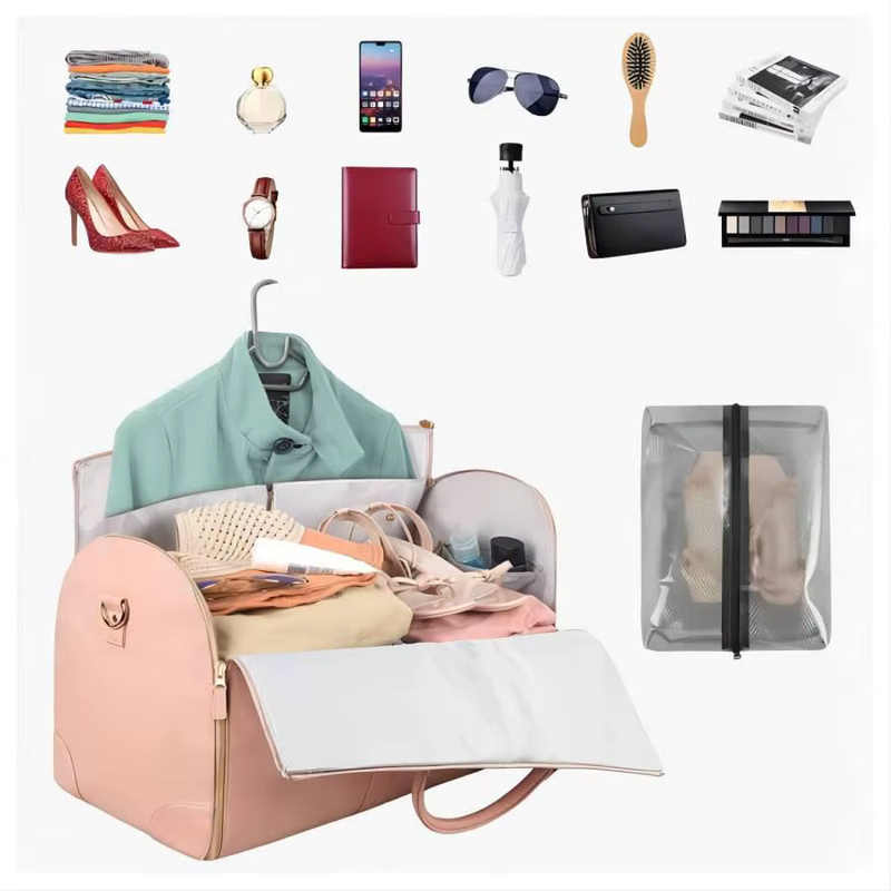The Garment Duffle in Pink packed with clothes, shoes in the shoe pouch and travel essentials