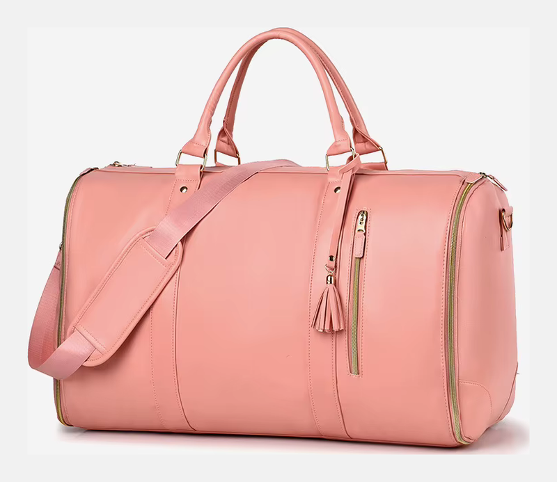 Pink Garment Duffle from the side with shoulder strap