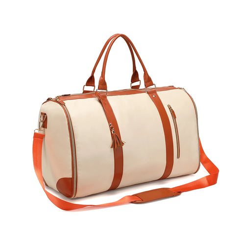 The Garment Duffle in Off White with brown trim, front view