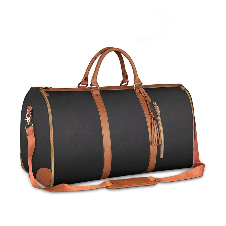 The Garment Duffle in Black with brown trim, three-quarter view