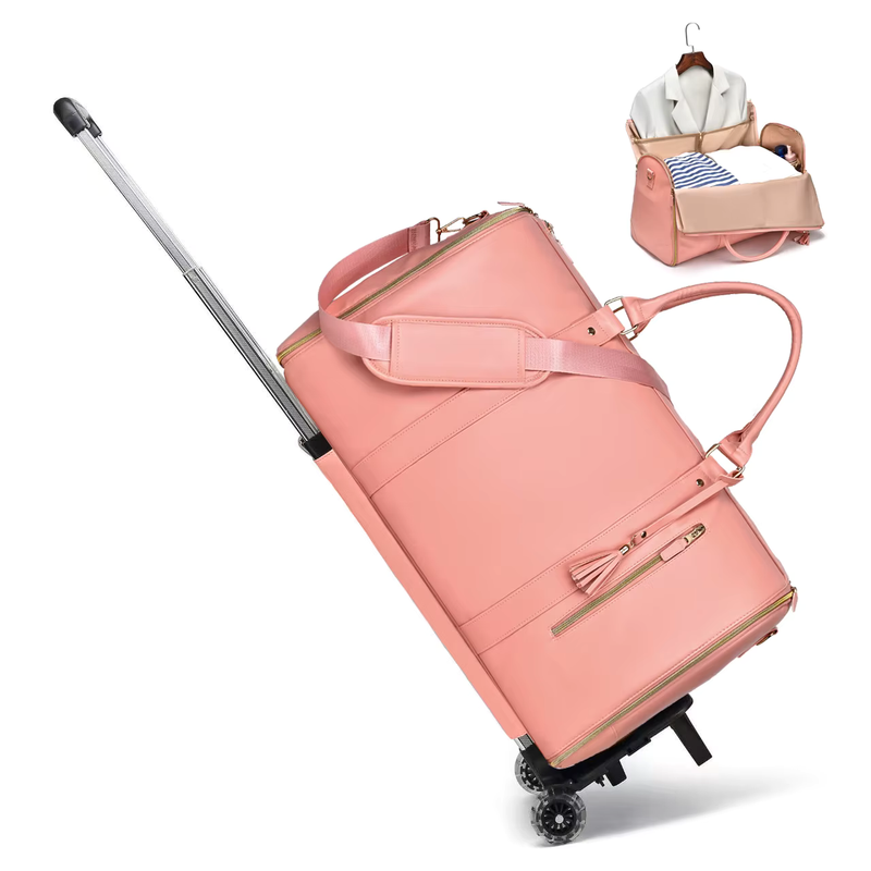 Pink Garment Duffle Roller with telescopic handle extended